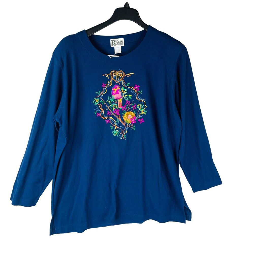 Kavio Designs Womans 2X Plus Blouse Embroidered Birds Blue Top Long Sleeve VTG